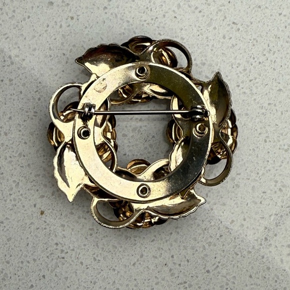 Vintage Brooch Gold Tone Roses Rhinestones Mid-Century Modern MCM - Picture 7 of 8